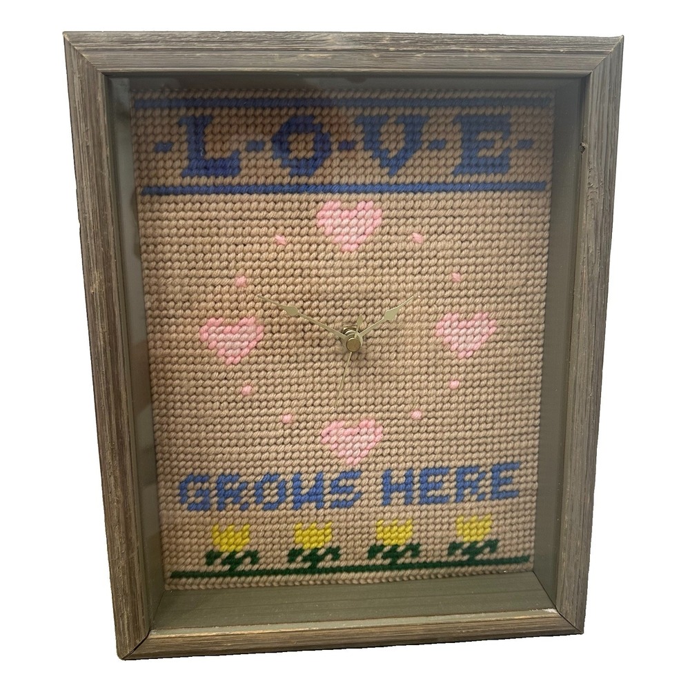 Vintage handmade "Love Grows Here" Framed Needlepoint Clock Plastic Canvas